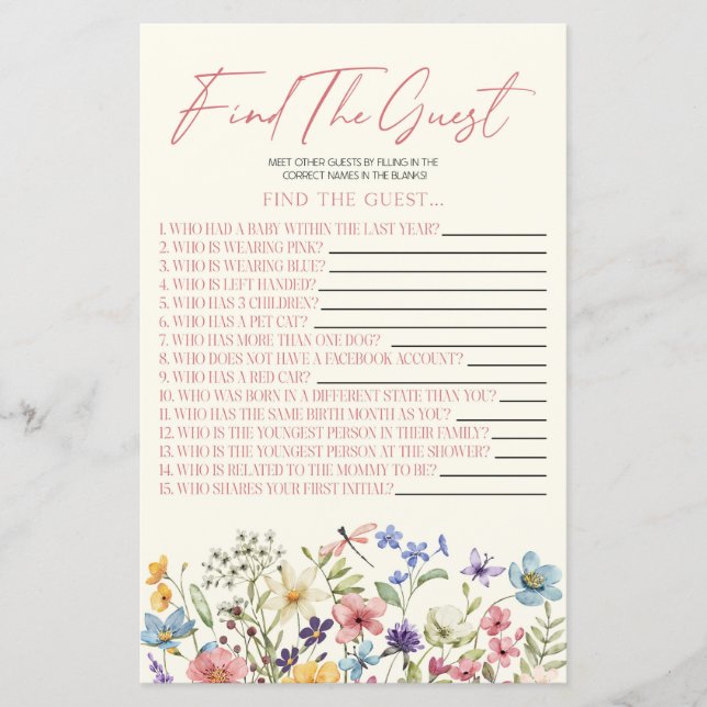 Wildflower Floral Find The Guest Baby Shower Game (Voorkant)