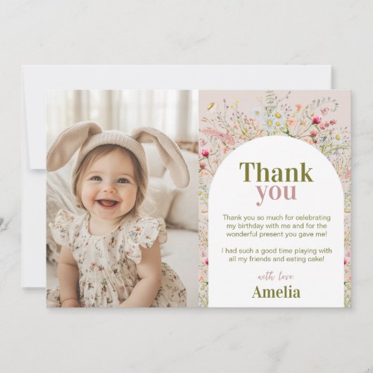 Wildflower Floral Garden Girl Verjaardagsfoto Bedankkaart (Voorkant)