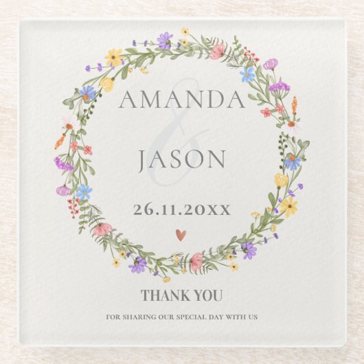 Wildflower Floral krans bruiloft dank u gunst Glazen Onderzetter (Voorkant)