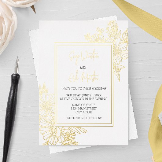 Wildflower Floral Lijst Wedding Gold Folie Uitnodiging