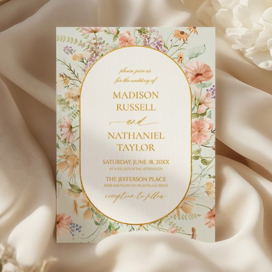 Wildflower Floral Meadow Gold Frame Wedding Kaart