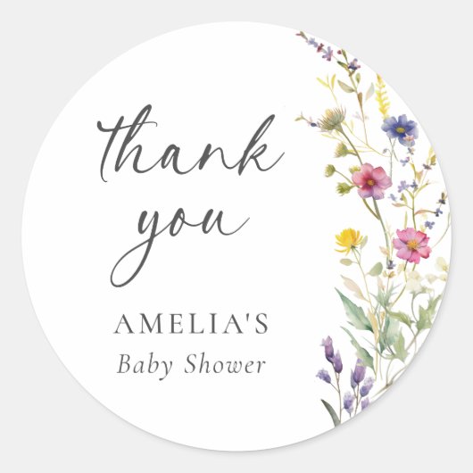Wildflower Floral Meisje Baby shower Dank u Ronde Sticker (Voorkant)