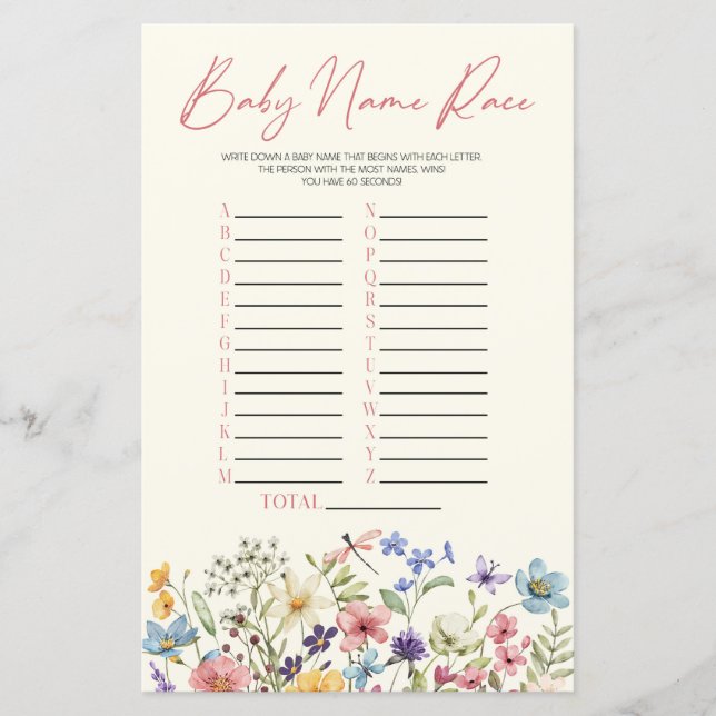 Wildflower Floral Name Race Baby Shower Game (Voorkant)