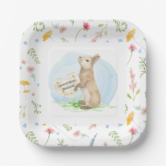 Wildflower Floral Peter Rabbit Heart Waterverf Papieren Bordje (Voorkant)