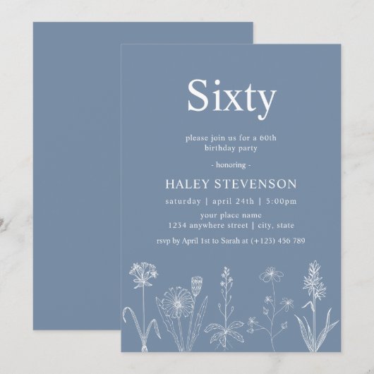 Wildflower Floral Sixty Dusty Blue 60ste verjaarda Kaart (Voorkant / Achterkant)