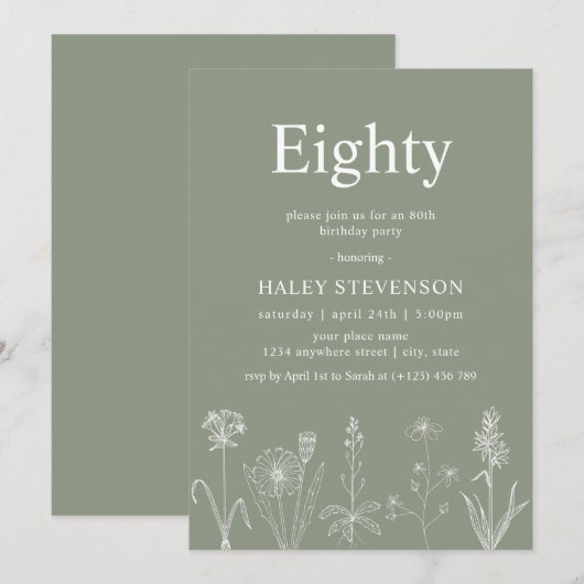 Wildflower Floral tachtig salie groen 80ste verjaa Kaart (Voorkant / Achterkant)