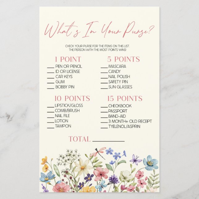 Wildflower Floral What's In Purse Baby Shower Game (Voorkant)