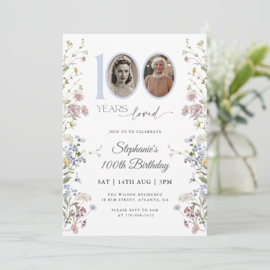 Wildflower foto 100ste verjaardag kaart (Staand voorkant)