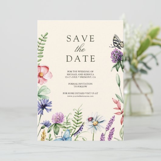 Wildflower Foto QR Code Cream Wedding Save The Date (Staand voorkant)