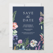 Wildflower Foto QR Code Marine Blauw Huwelijk Save The Date (Voorkant)