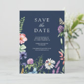 Wildflower Foto QR Code Marine Blauw Huwelijk Save The Date (Staand voorkant)