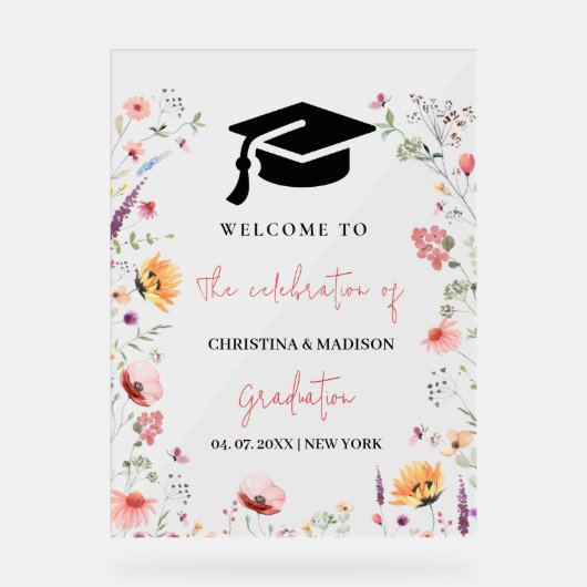 Wildflower Garden Afstuderen Twin Welcome Sign Acryl Bord (Voorkant)