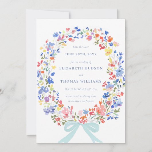 Wildflower Garden Blue Bow Foto bruiloft Save Datu Kaart (Voorkant)