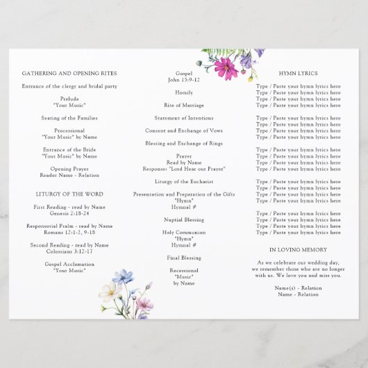 Wildflower Garden bruiloft ceremonie programma (Achterkant)