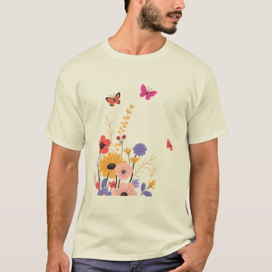 Wildflower Garden & Butterflies Folk Art  T-shirt (Voorkant)