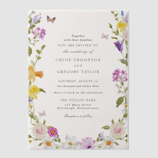 Wildflower Garden Elegant Bruiloft Vellum Uitnodigingen (Voorkant)