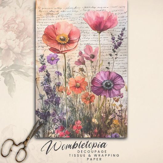 Wildflower Garden op Old Script Decoupage Tissuepapier