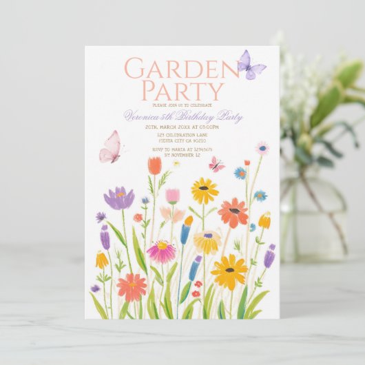 Wildflower Garden Party verjaardagsuitnodiging Kaart (Staand voorkant)