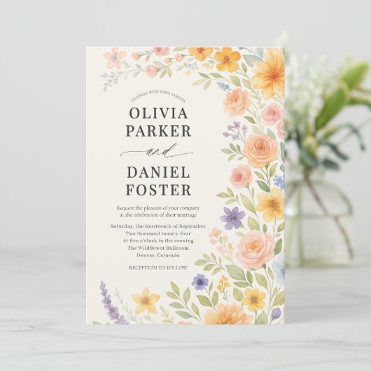 Wildflower Garden Watercolor Floral Wedding Kaart (Staand voorkant)