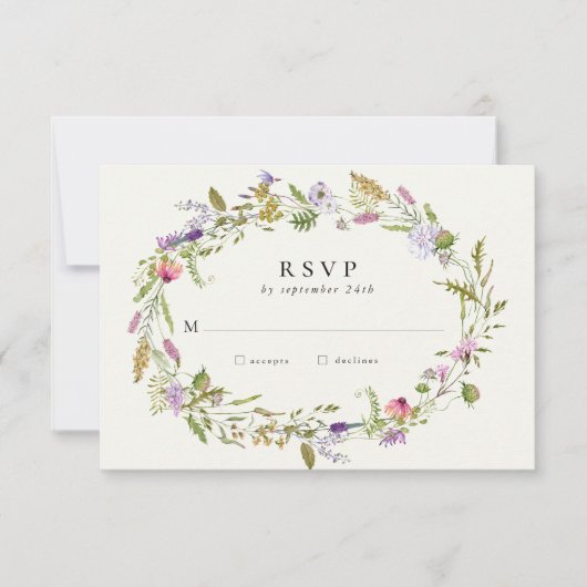 Wildflower Garden Wreath Greenery Wedding RSVP Kaartje (Voorkant)