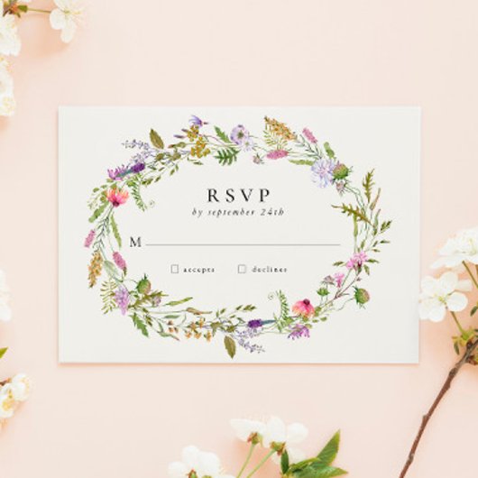 Wildflower Garden Wreath Greenery Wedding RSVP Kaartje