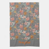 Wildflower geel boho patroon aangepaste naam grijs theedoek (Verticaal)