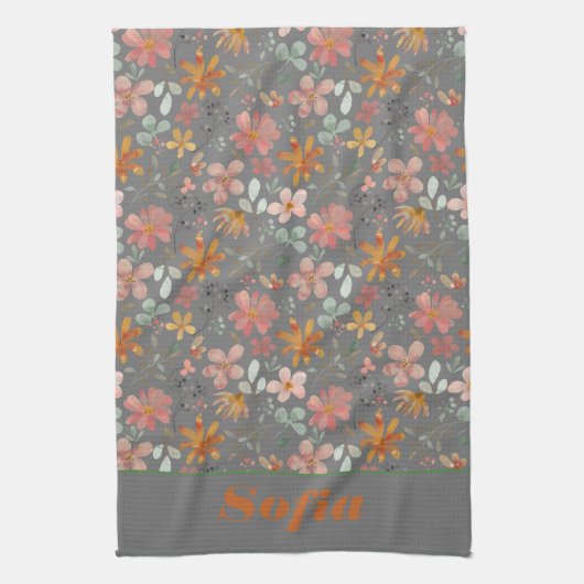 Wildflower geel boho patroon aangepaste naam grijs theedoek (Verticaal)