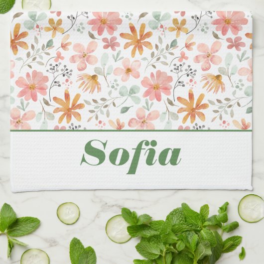Wildflower geel boho patroon aangepaste naam wit theedoek (Gevouwen)
