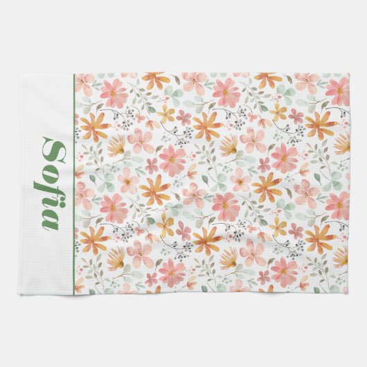 Wildflower geel boho patroon aangepaste naam wit theedoek (Horizontaal)