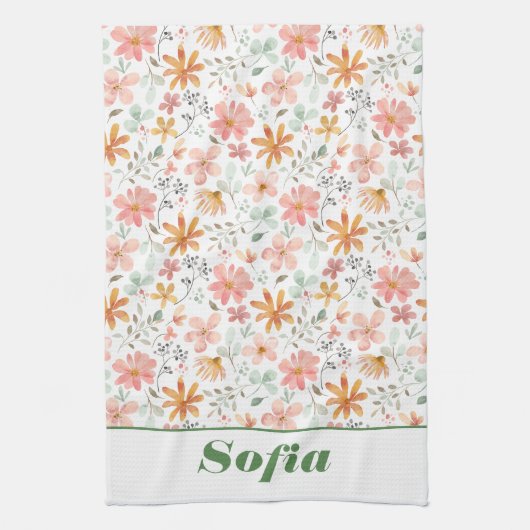 Wildflower geel boho patroon aangepaste naam wit theedoek (Verticaal)