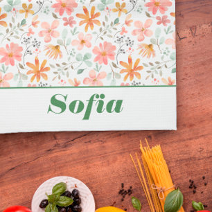 Wildflower geel boho patroon aangepaste naam wit theedoek