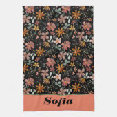 Wildflower geel boho patroon aangepaste naam zwart theedoek (Verticaal)