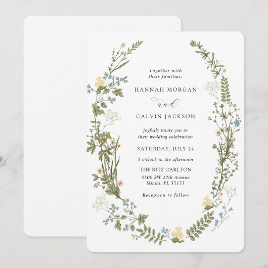 Wildflower Geel en Blauw Bruiloft Kaart (Voorkant / Achterkant)