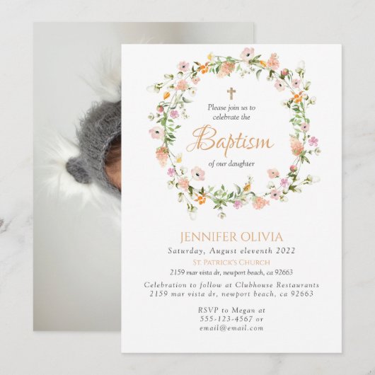 Wildflower Girl Baptism Invitation Kaart (Voorkant / Achterkant)