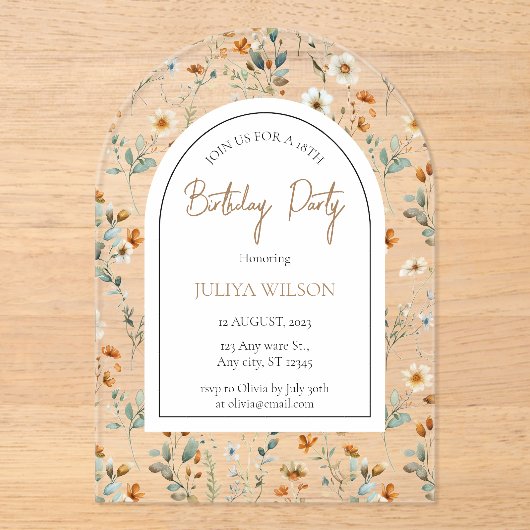 Wildflower girly Verjaardagsfeest Acryl Uitnodigingen (Voorkant)
