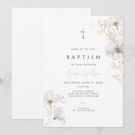 Wildflower gouden kruis doop kaart (Voorkant / Achterkant)