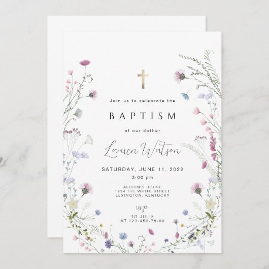 Wildflower gouden kruis doop kaart (Voorkant / Achterkant)