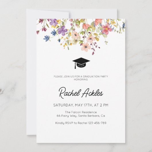 Wildflower Graduation Party Uitnodigen, Bloemen Af Kaart (Voorkant)