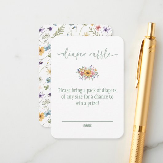 Wildflower Green Baby Shower Diaper Raffle Card Informatiekaartje (Voorkant / Achterkant in situ)