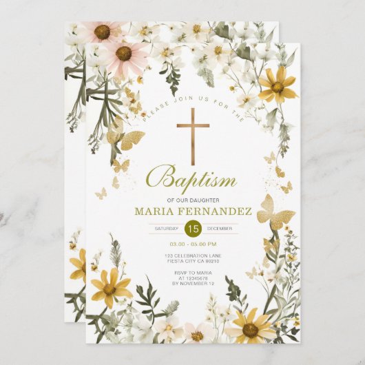 Wildflower Greenery Floral Doop Uitnodiging (Voorkant / Achterkant)