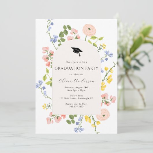 Wildflower grillige bloemen afstudeerfeest kaart (Staand voorkant)