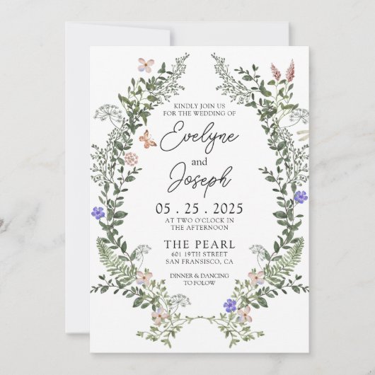 Wildflower groen grillige krans bruiloft kaart (Voorkant)