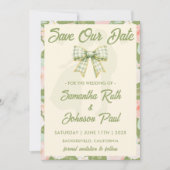 Wildflower Groene Gingham Strik Foto Bruiloft Save The Date (Voorkant)