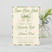 Wildflower Groene Gingham Strik Foto Bruiloft Save The Date (Staand voorkant)