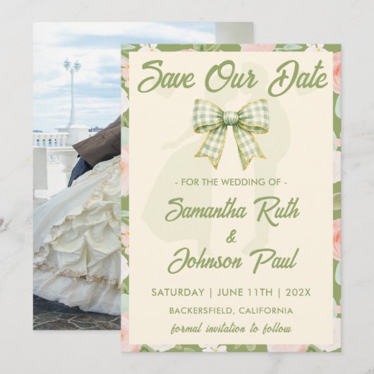 Wildflower Groene Gingham Strik Foto Bruiloft Save The Date (Voorkant / Achterkant)
