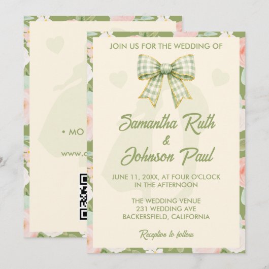 Wildflower Groene Gingham Strik QR Code Trouwen Kaart (Voorkant / Achterkant)