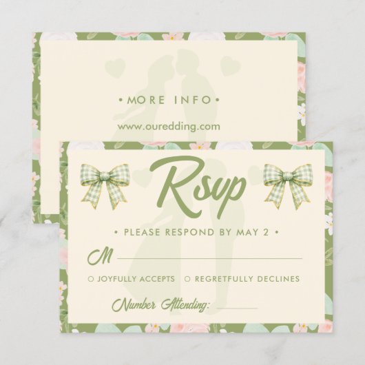 Wildflower Groene Gingham Strik QR Code Trouwen RSVP Kaartje (Voorkant / Achterkant)