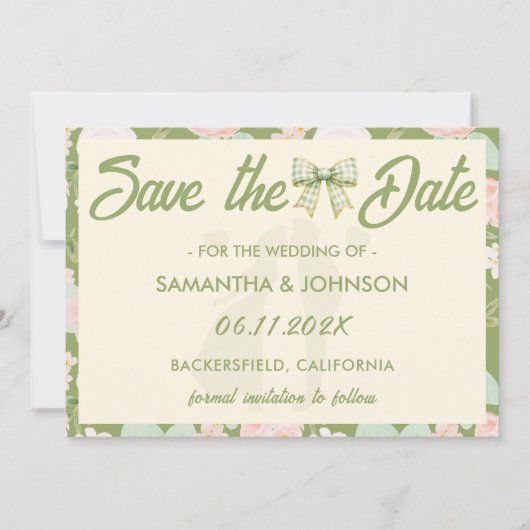 Wildflower Groene Gingham Strik Trouwdag Save The Date (Voorkant)