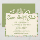 Wildflower Groene Gingham Strik Trouwdag Save The Date (Voorkant / Achterkant)
