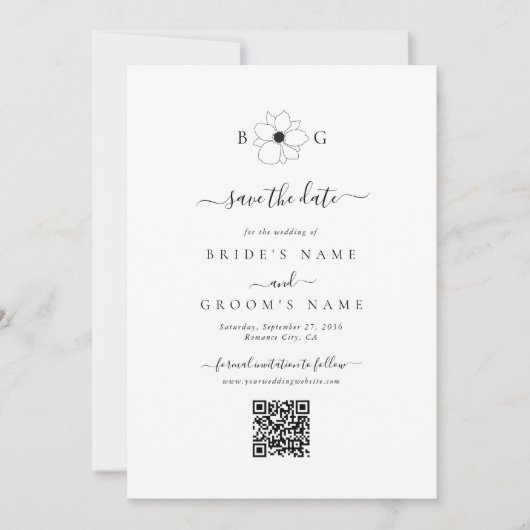 Wildflower Hand-getrokken Monogram bruiloft QR-cod Save The Date (Voorkant)